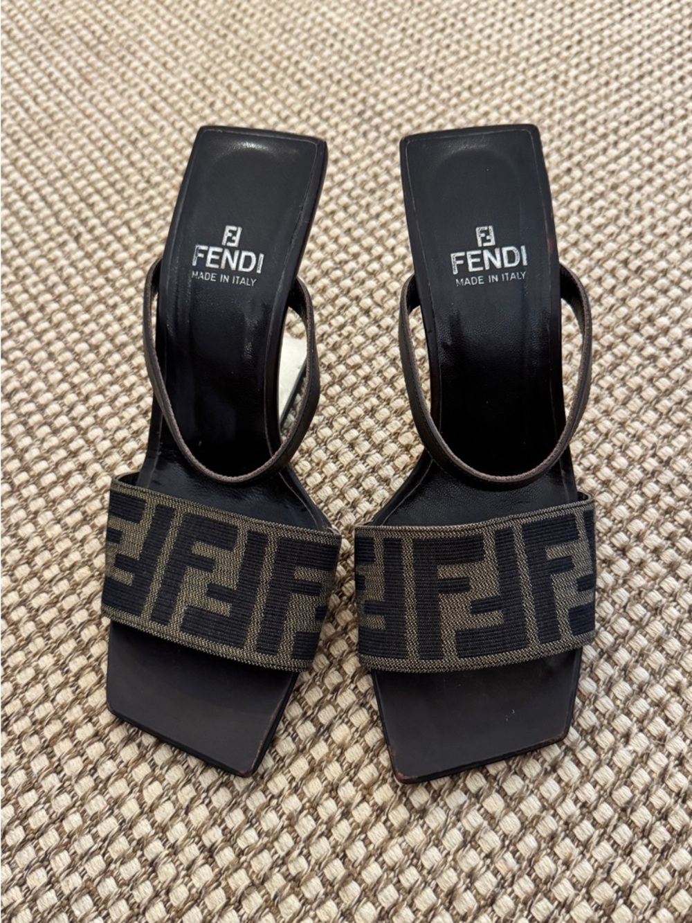 Fendi Brown and Black FF Logo Square-Toe Heels - Picture 2 of 8